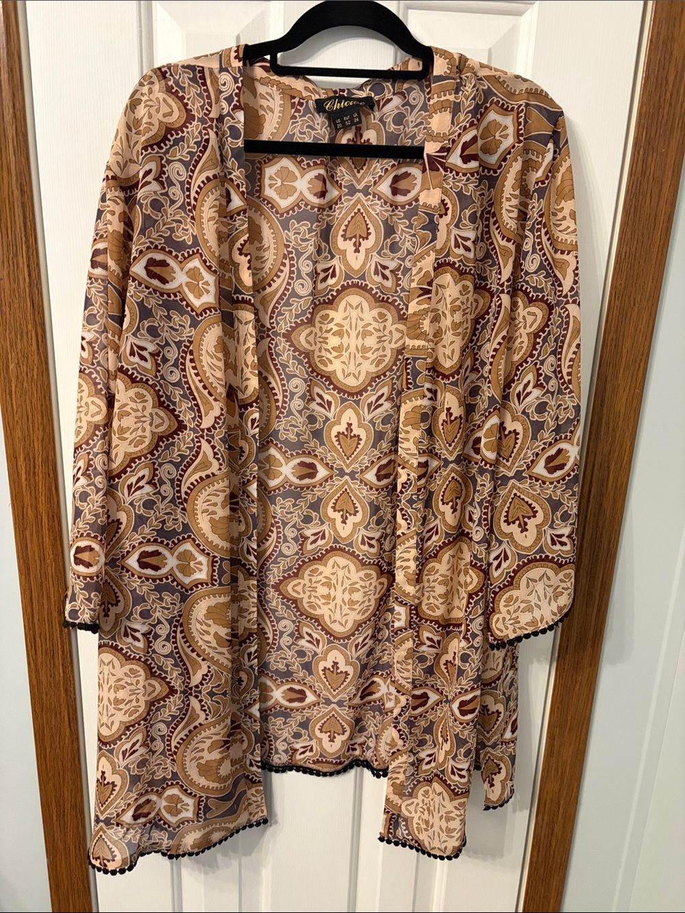 chic•we Paisley Open-Front Kimono in Tan, Brown and Cream